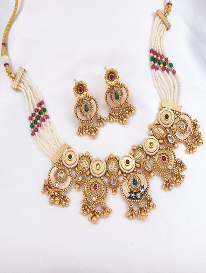 Traditional Antique Gold-Plated Pearl Choker Jewellery Set for Women