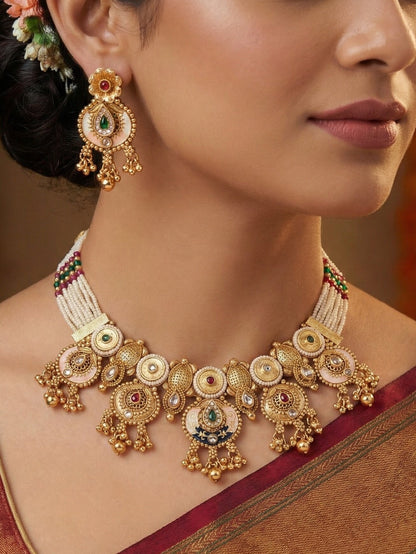 Traditional Antique Gold-Plated Pearl Choker Jewellery Set for Women