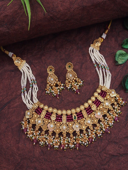 Gold-Plated Traditional Kundan & Pearl Beaded Choker Necklace Set with Ruby Red Accents