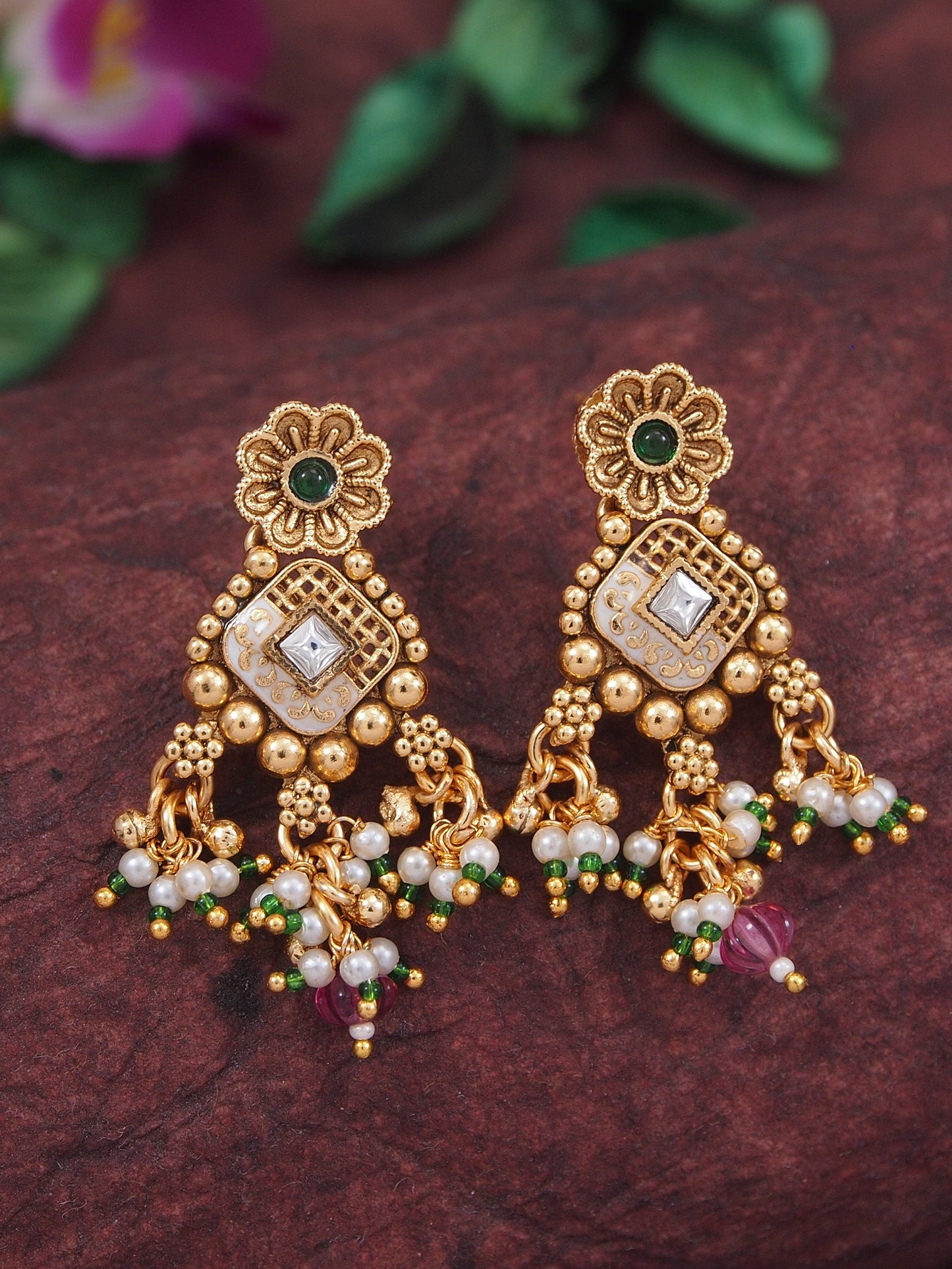 Gold-Plated Traditional Kundan & Pearl Beaded Choker Necklace Set with Ruby Red Accents