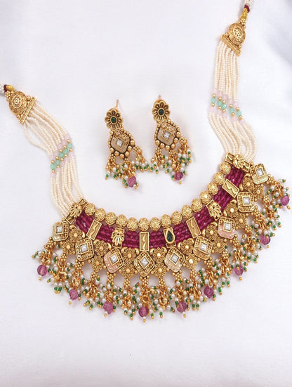 Gold-Plated Traditional Kundan & Pearl Beaded Choker Necklace Set with Ruby Red Accents