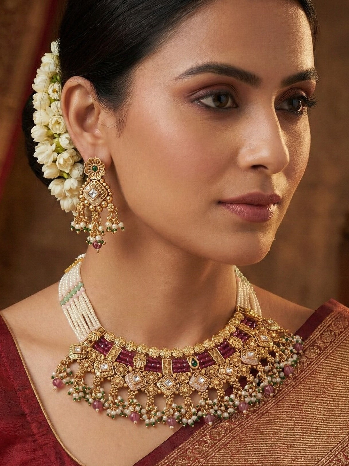 Gold-Plated Traditional Kundan & Pearl Beaded Choker Necklace Set with Ruby Red Accents