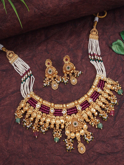 Orna Gold-Plated Traditional Kundan & Pearl Beaded Choker Necklace Set with Ruby Red Accents