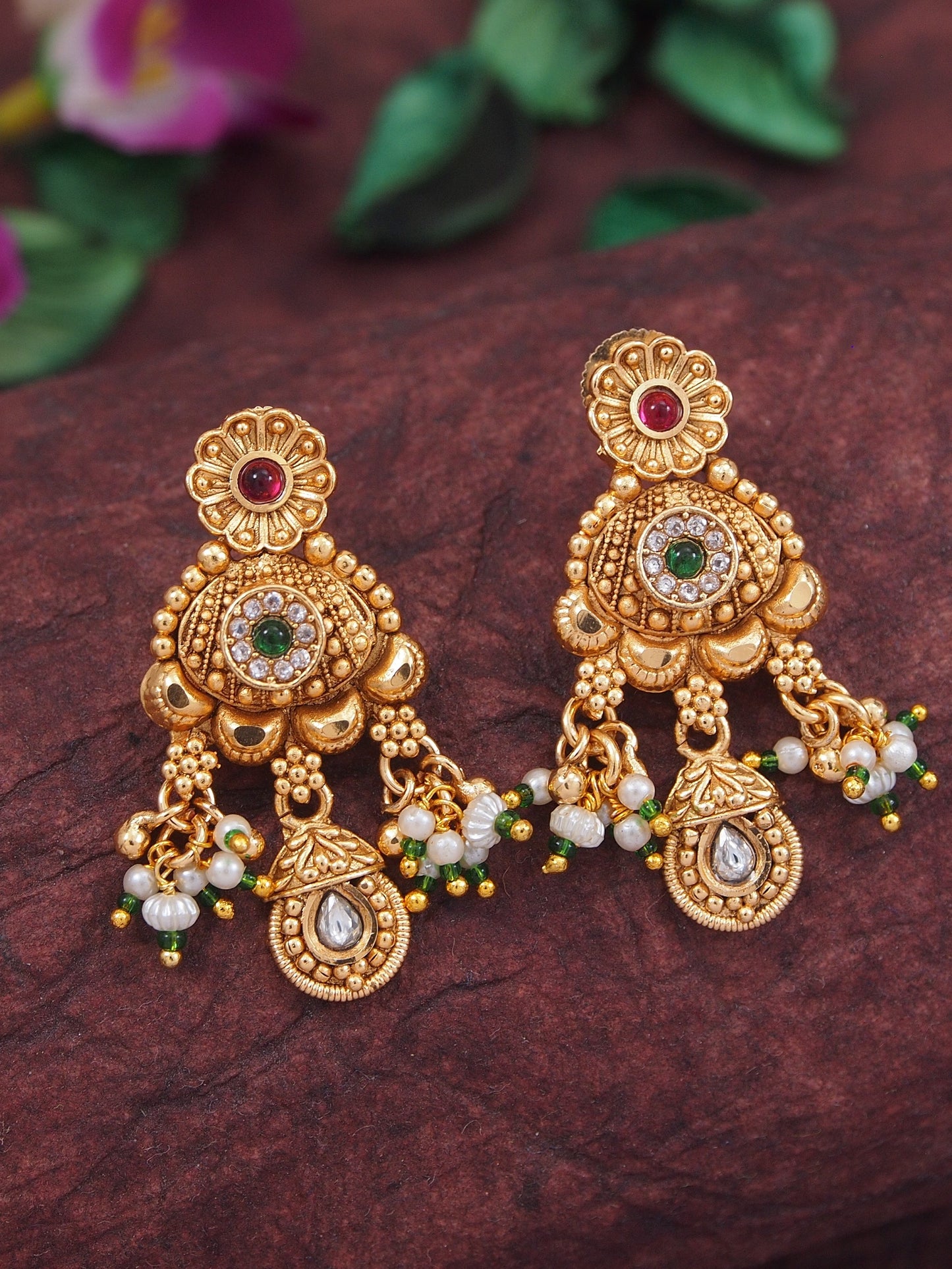 Orna Gold-Plated Traditional Kundan & Pearl Beaded Choker Necklace Set with Ruby Red Accents