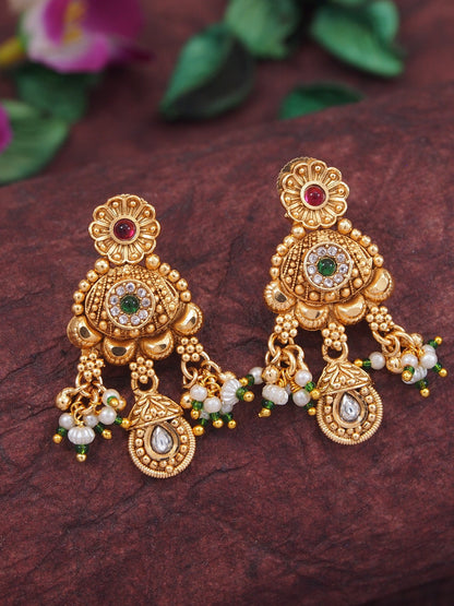 Orna Gold-Plated Traditional Kundan & Pearl Beaded Choker Necklace Set with Ruby Red Accents