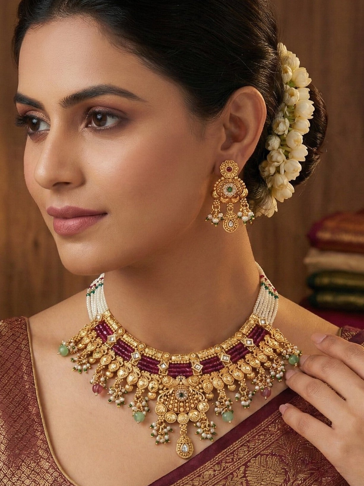 Orna Gold-Plated Traditional Kundan & Pearl Beaded Choker Necklace Set with Ruby Red Accents