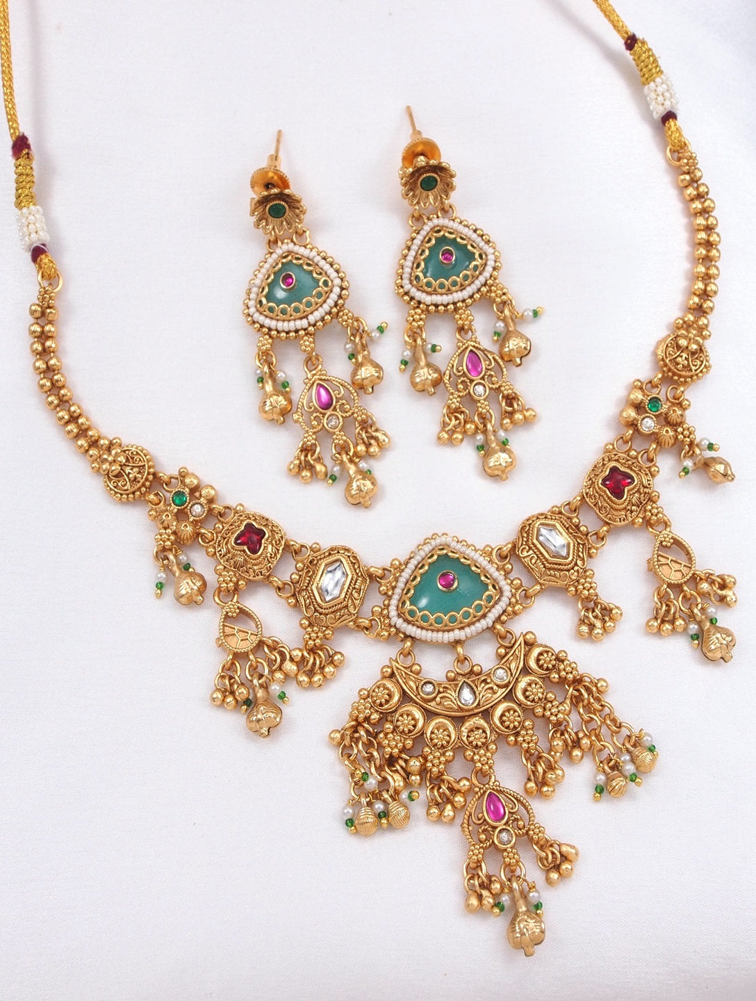 Heritage-Inspired Gold-Plated Brass Necklace Set with Pearl Work & Earrings