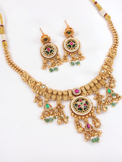 Ethnic-Style Gold-Plated Brass Statement Necklace Set with Earrings