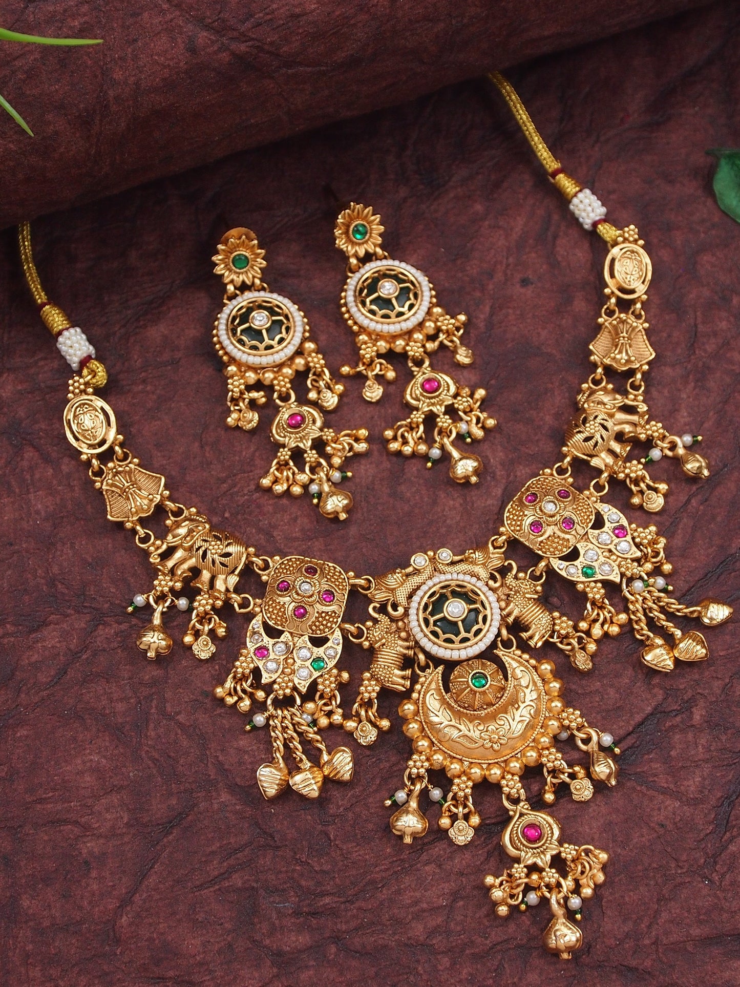 Heritage-Inspired Gold-Plated Brass Necklace Set with Pearl Work & Earrings