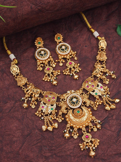 Heritage-Inspired Gold-Plated Brass Necklace Set with Pearl Work & Earrings