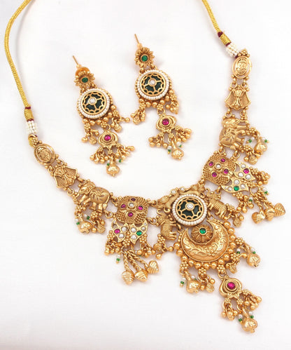 Heritage-Inspired Gold-Plated Brass Necklace Set with Pearl Work & Earrings