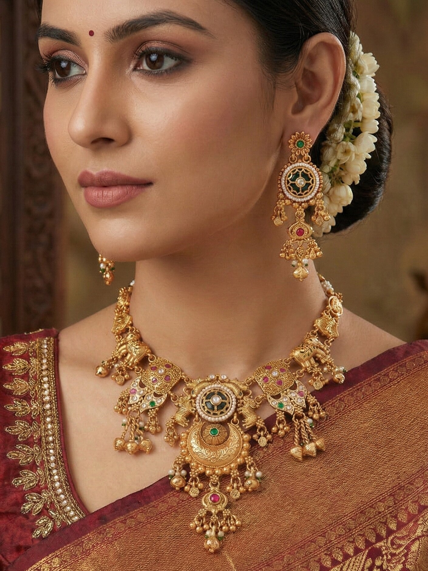 Heritage-Inspired Gold-Plated Brass Necklace Set with Pearl Work & Earrings