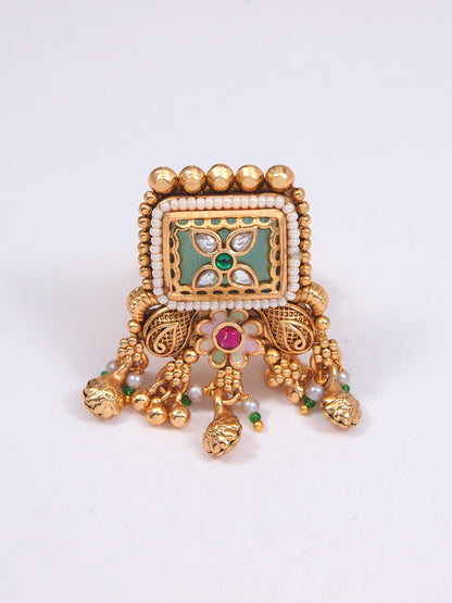 Gold-Toned Handcrafted Kundan Floral Adjustable Ring with Pearl Drops
