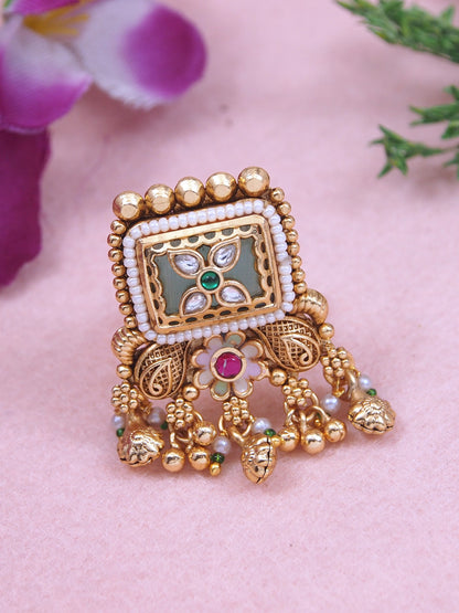 Gold-Toned Handcrafted Kundan Floral Adjustable Ring with Pearl Drops