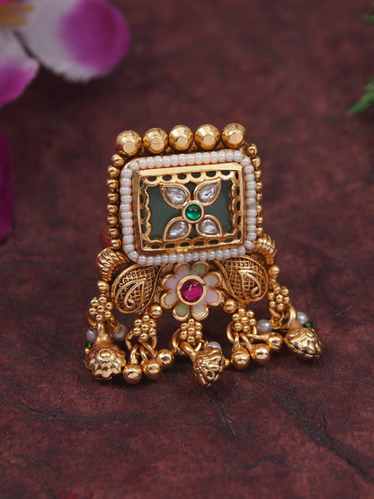 Gold-Toned Handcrafted Kundan Floral Adjustable Ring with Pearl Drops