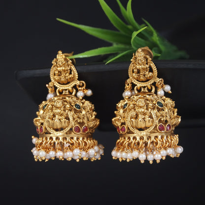 Traditional Temple Jhumka Earrings with Pearl Drops and Stone Accents
