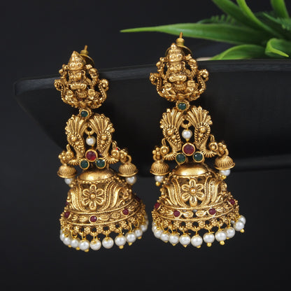 Traditional Temple Jhumka Earrings with Pearl Drops and Stone Accents