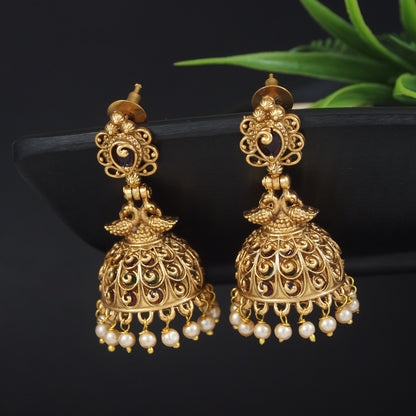 Traditional Temple Jhumka Earrings with Pearl Drops and Stone Accents