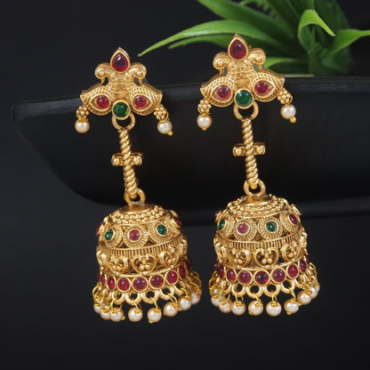 Traditional Temple Jhumka Earrings with Pearl Drops and Stone Accents (Copy)