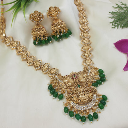Traditional Peacock Motif Necklace with Green Bead Drops and Jhumkas