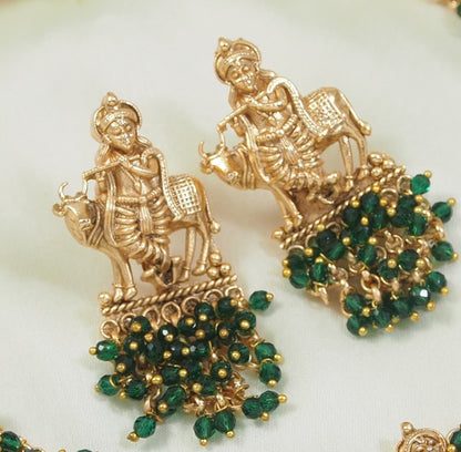Traditional Gold-Plated Radha Krishna Necklace Set with Pearl Accents and Matching Earrings