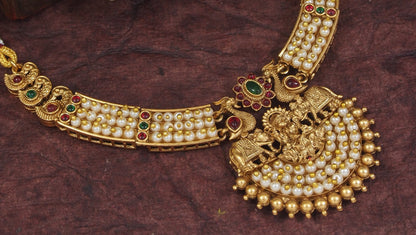 Lakshmi Pearl Necklace Set with Peacock Motifs & Jhumkas