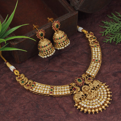 Lakshmi Pearl Necklace Set with Peacock Motifs & Jhumkas