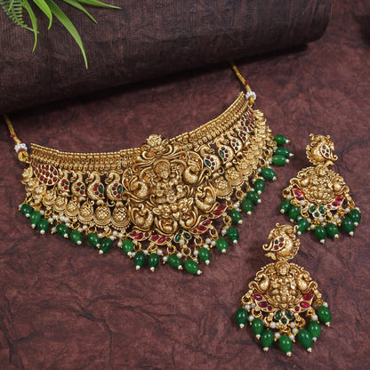 Antique Gold-Plated Temple Choker Necklace Set with Lakshmi Motif and Green Beads