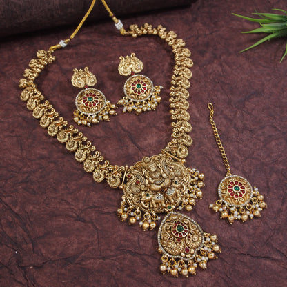 Traditional Antique Gold-Plated Temple Jewelry Set with Lakshmi Pendant