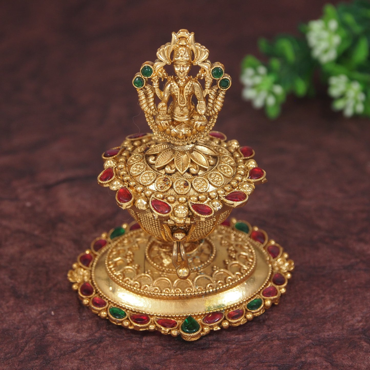 Antique Gold-Plated Brass Sindoor Dani with Lakshmi Idol & Gemstones