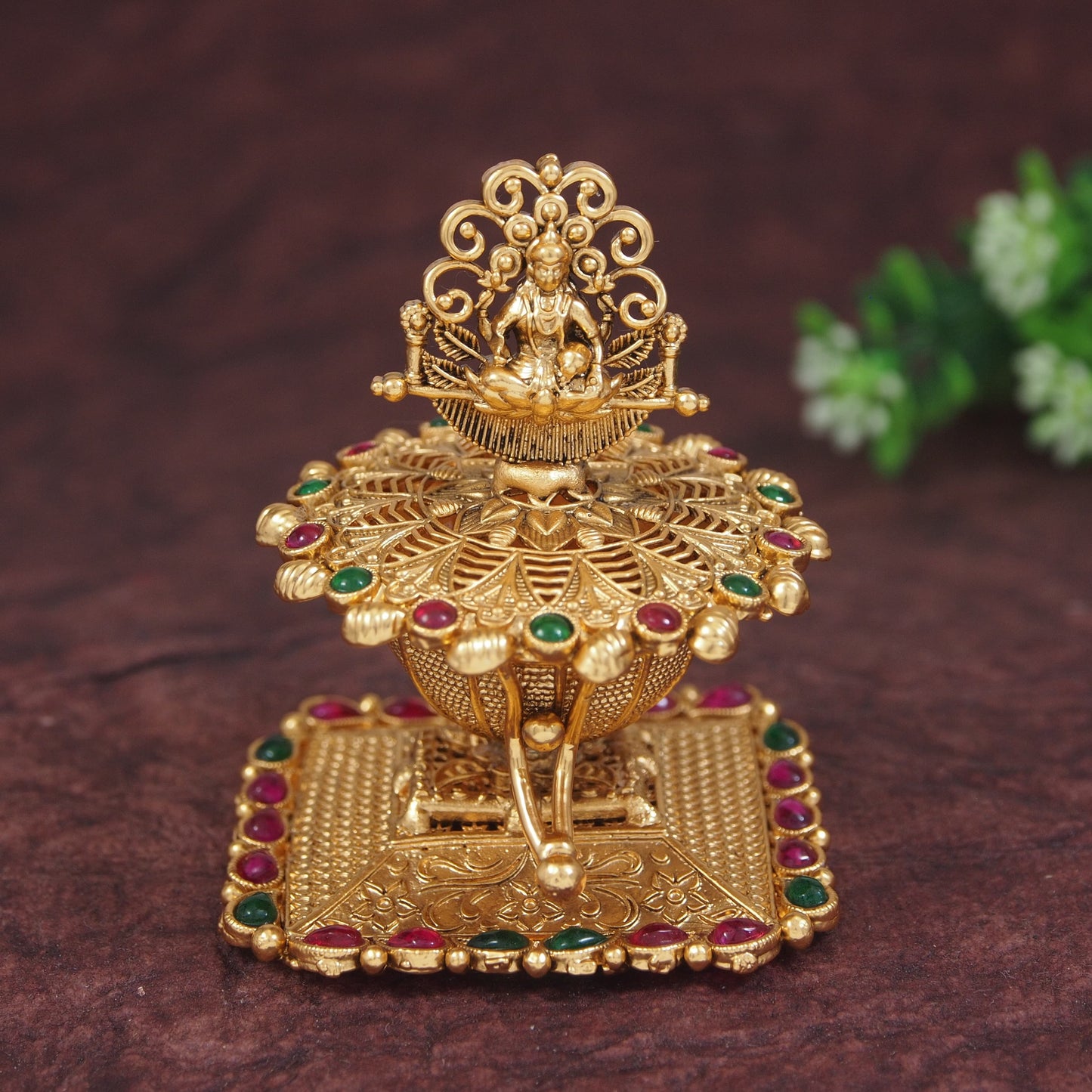 Antique Gold-Plated Brass Sindoor Dani with Lakshmi Idol