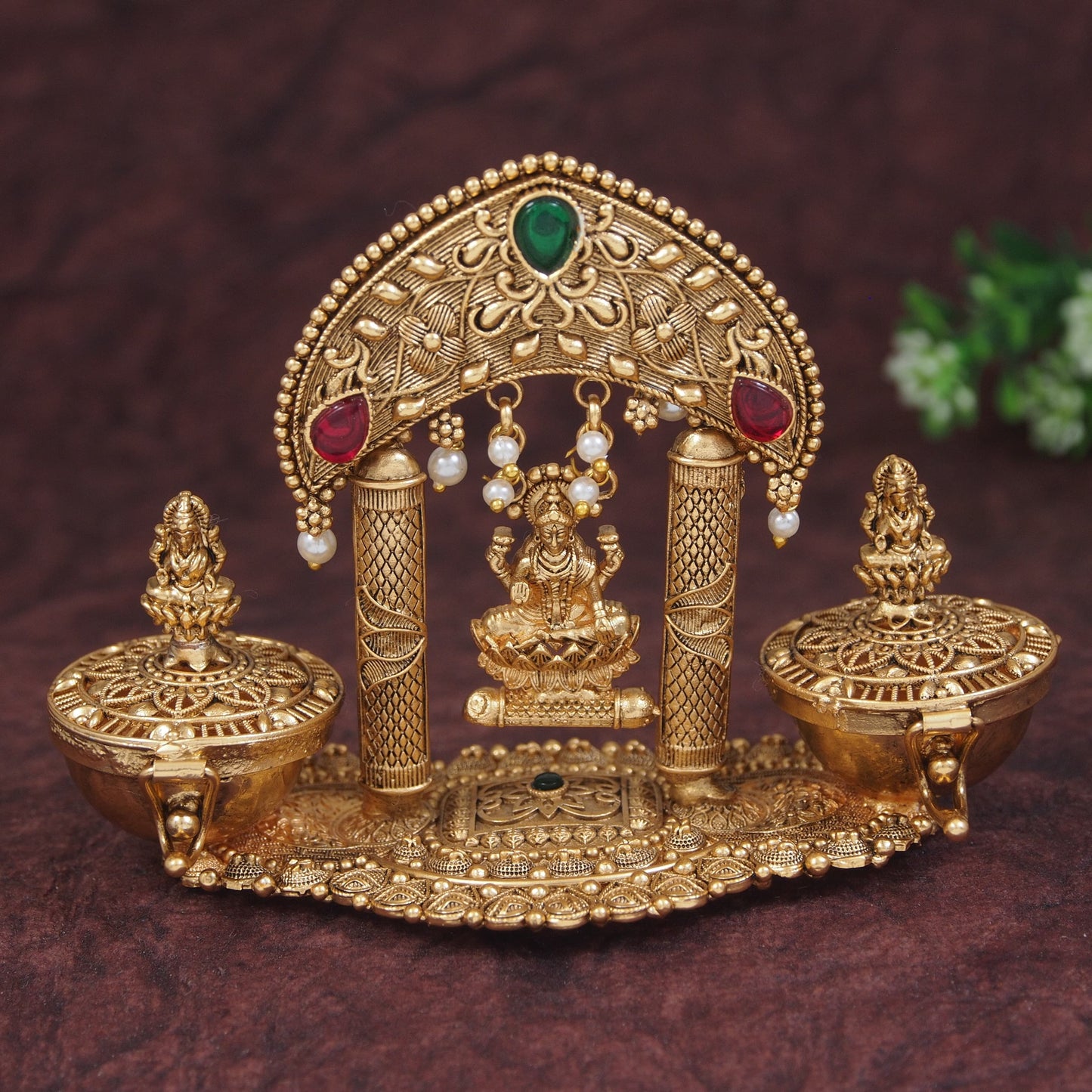 Elegant Traditional Brass Sindoor Dani with Lakshmi Swing Design