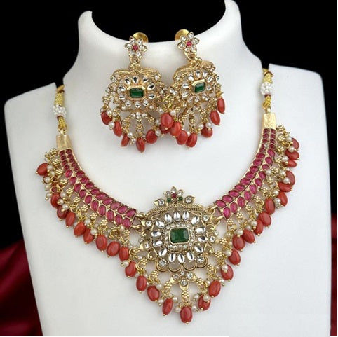 Royal Floral Green & Red Beaded Necklace Set with Matching Earrings
