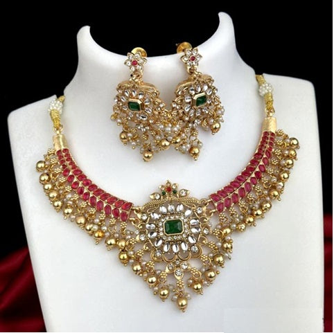 Royal Floral Green & Red Beaded Necklace Set with Matching Earrings