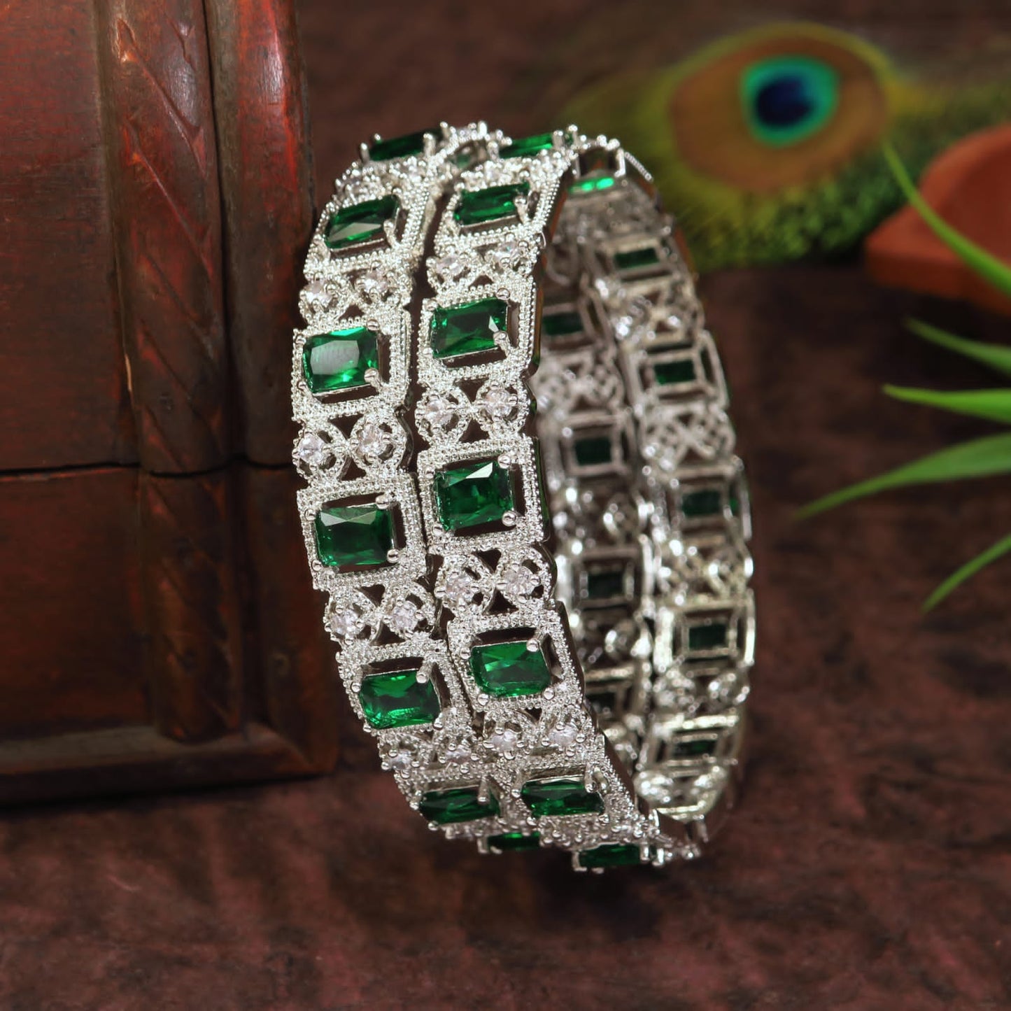 Emerald Green and White American Diamond Silver-Plated Bangles (Pack of 2)