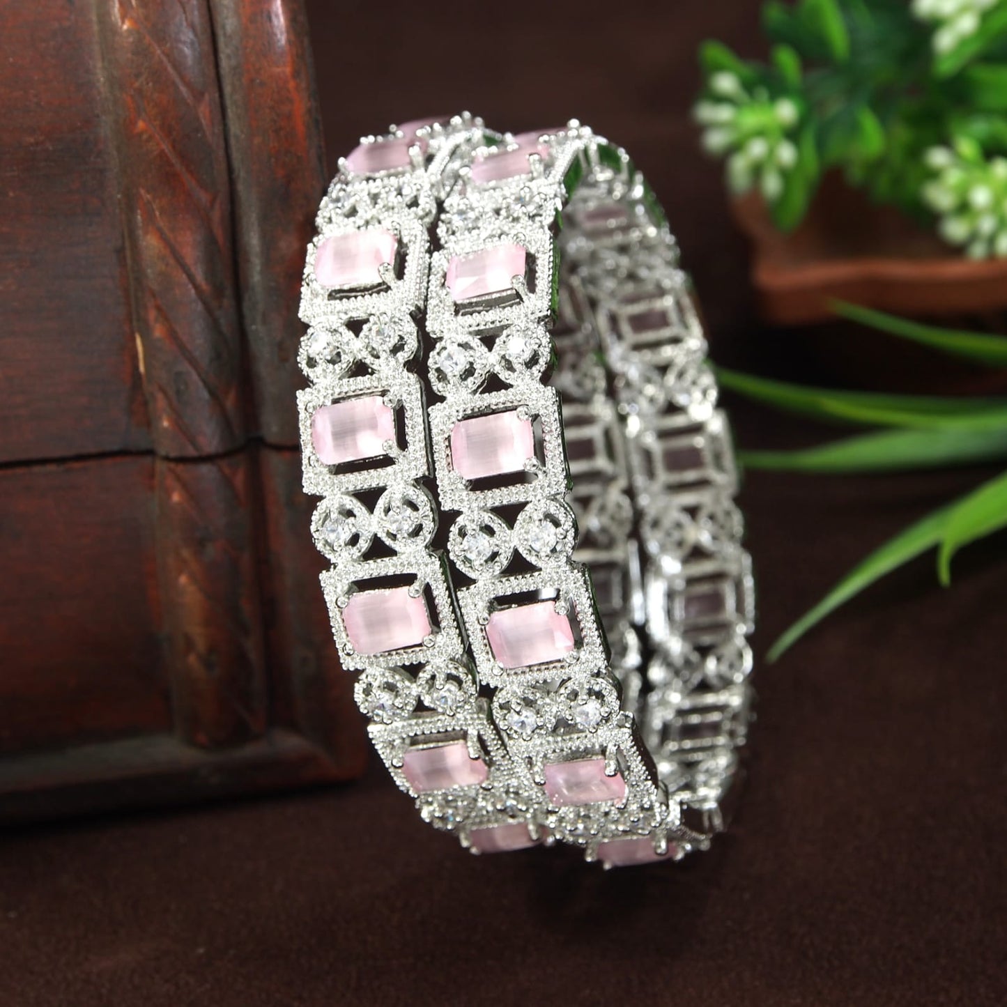 American Diamond Pink Silver-Plated Bangles (Pack of 2)