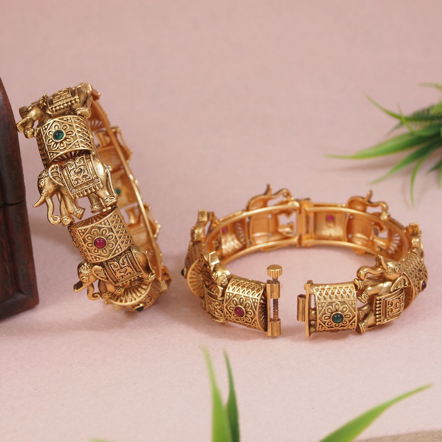 Royal antique gold elephant inspired kada bangle set