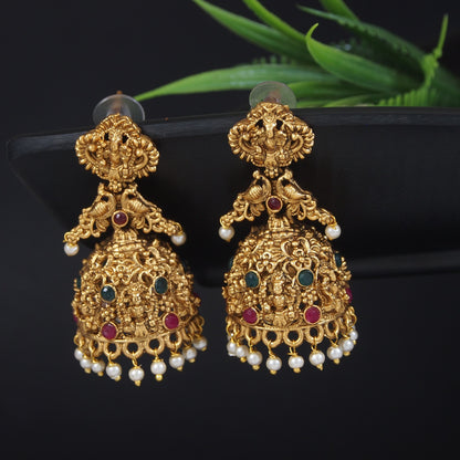 Traditional Temple Jhumka Earrings with Pearl Drops and Stone Accents