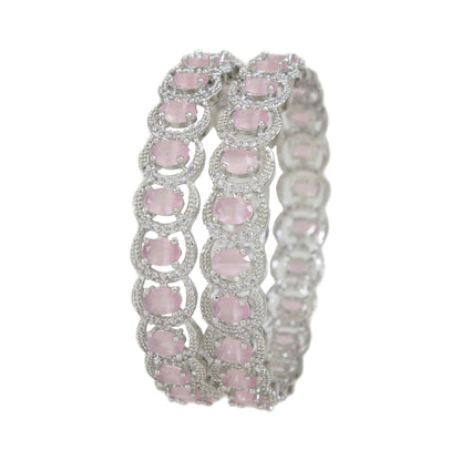 Elegant Silver Finish Bangles with Pink White Cat-Eye Stones(Pack of 2)