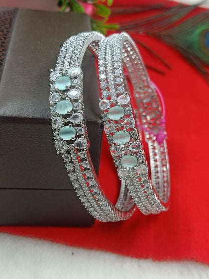 Radiant Silver-Toned Bangles with Mint Green and White Stones