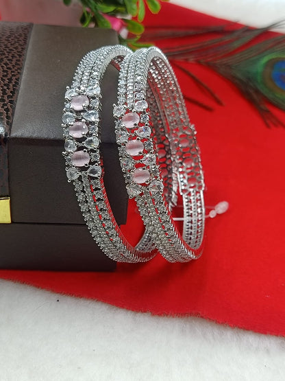 Radiant Silver-Toned Bangles with Mint Green and White Stones