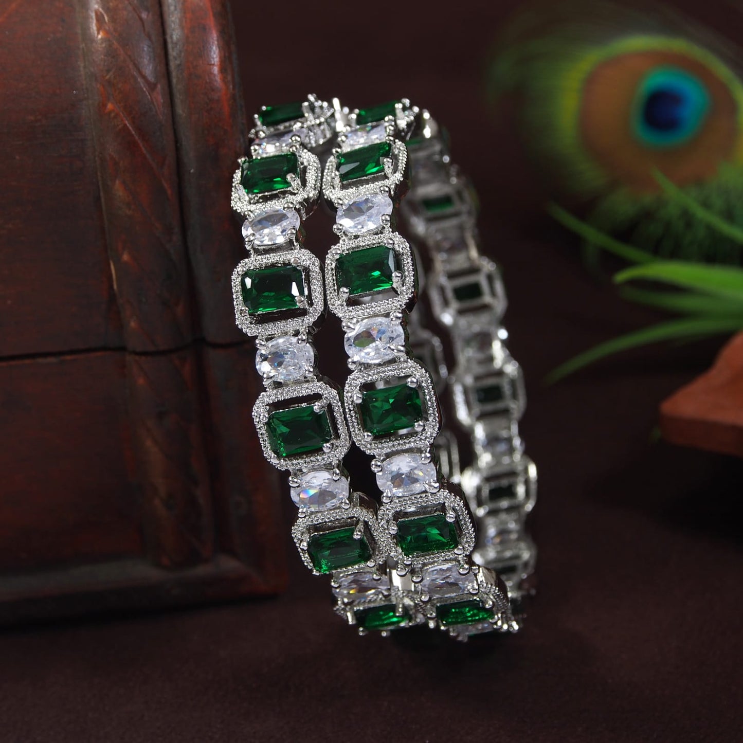 Emerald Green and White American Diamond Silver-Plated Bangles (Pack of 2)