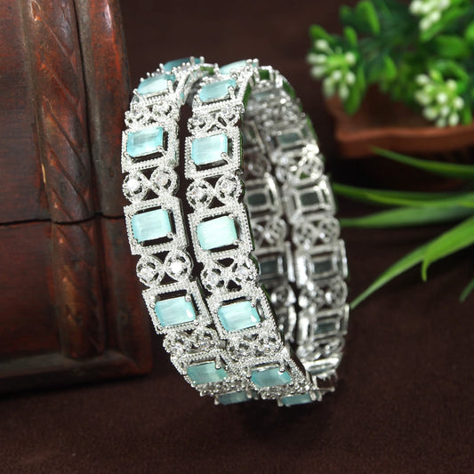 Mint and White American Diamond Silver-Plated Bangles (Pack of 2)