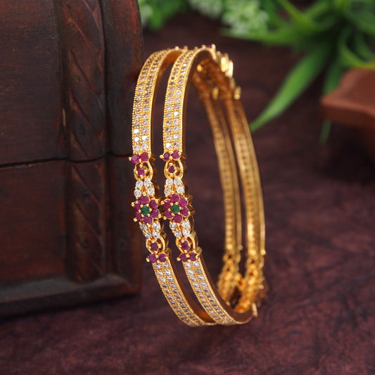 American Diamond Ruby White Gold Brass Bangle Set (Pack of 2)