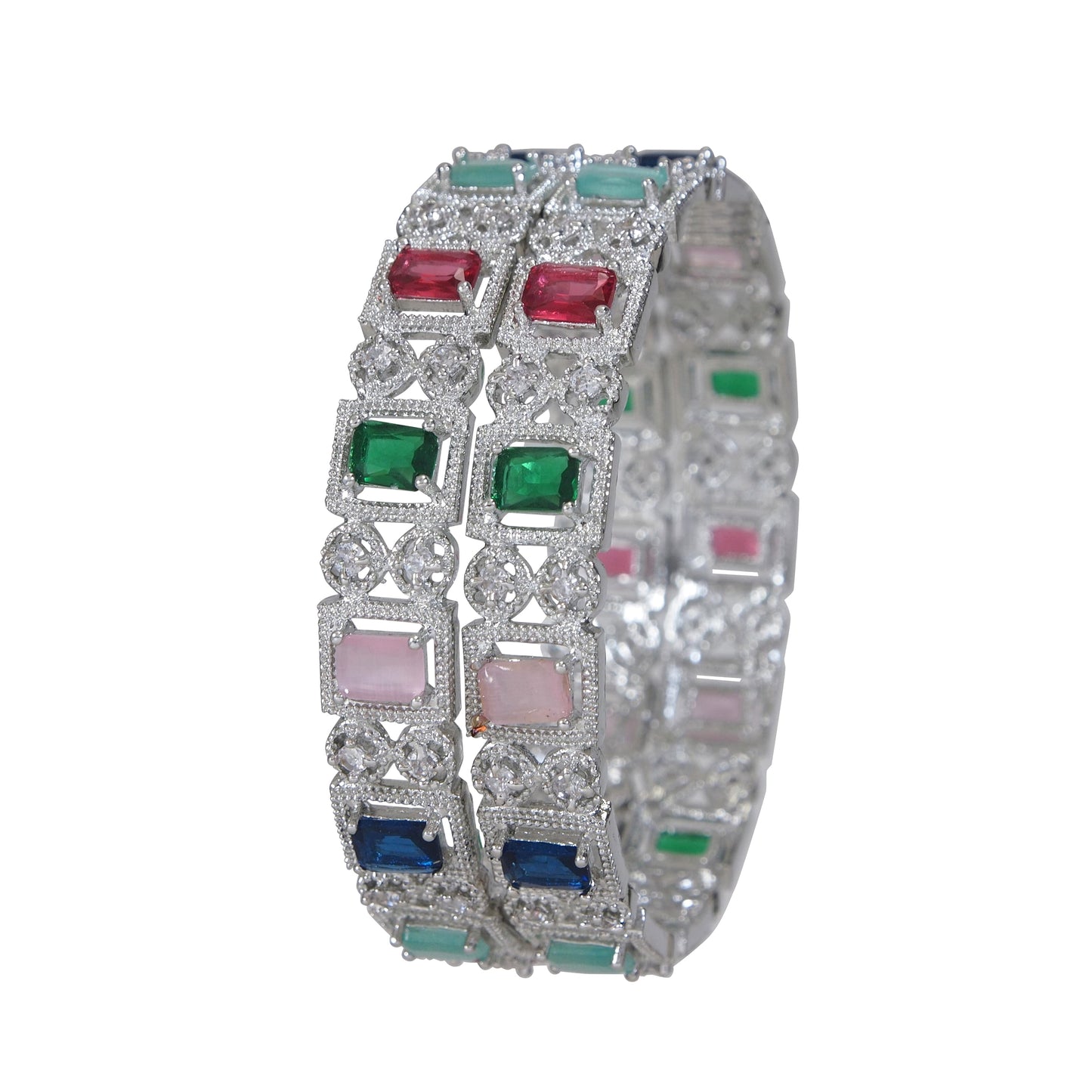 American Diamond Silver Multi-Color Brass Bangles (Pack of 2)