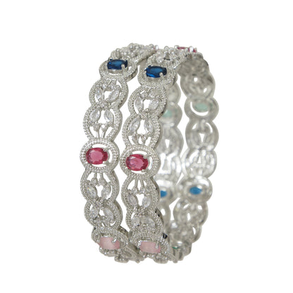 Elegant Multistone Zircon Brass Silver-Plated Bangles