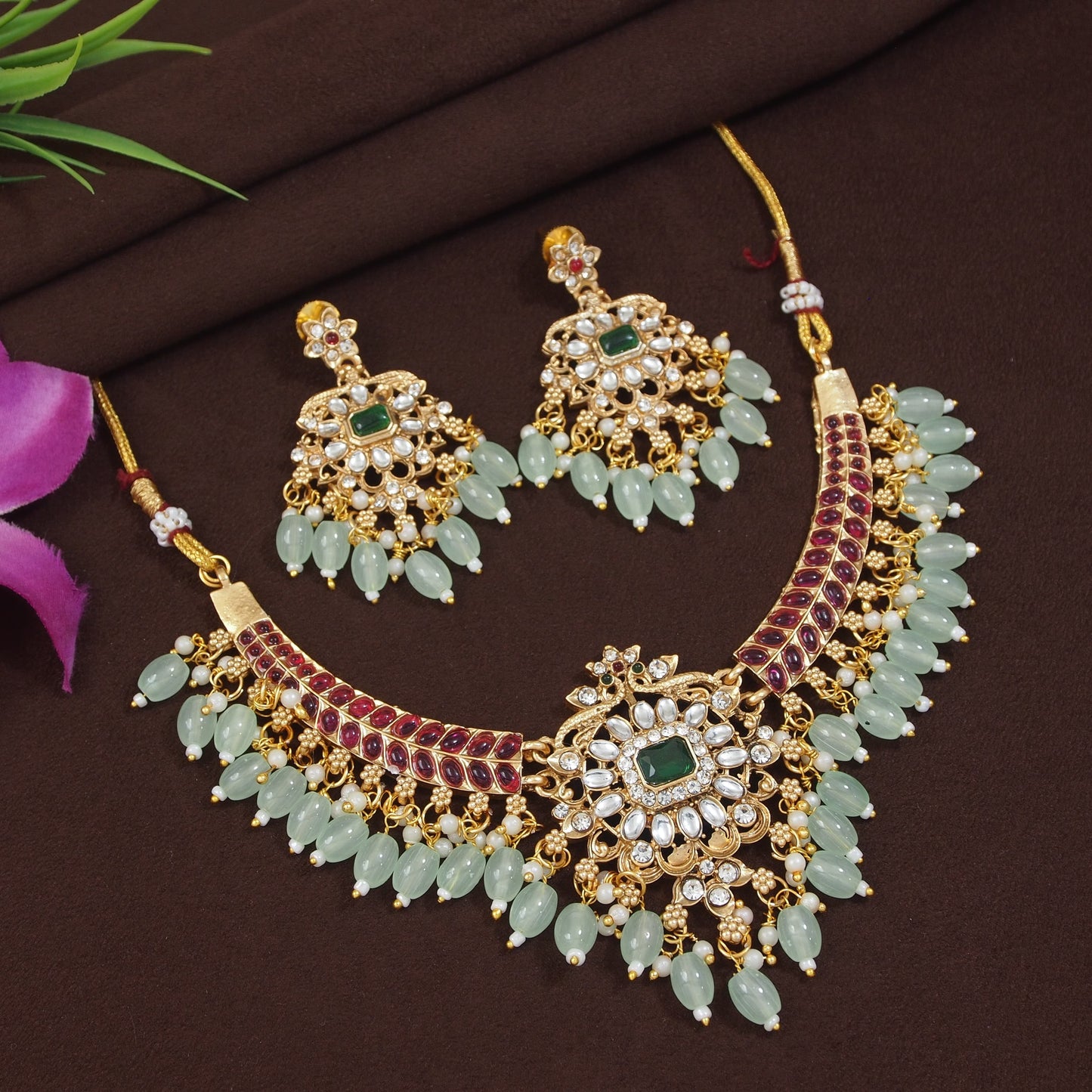 Royal Floral Green & Red Beaded Necklace Set with Matching Earrings
