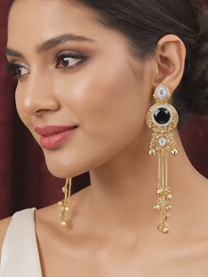 Gold-Plated Kashmiri Drop Long Earrings with Kundan Detailing & Ghungroo Work