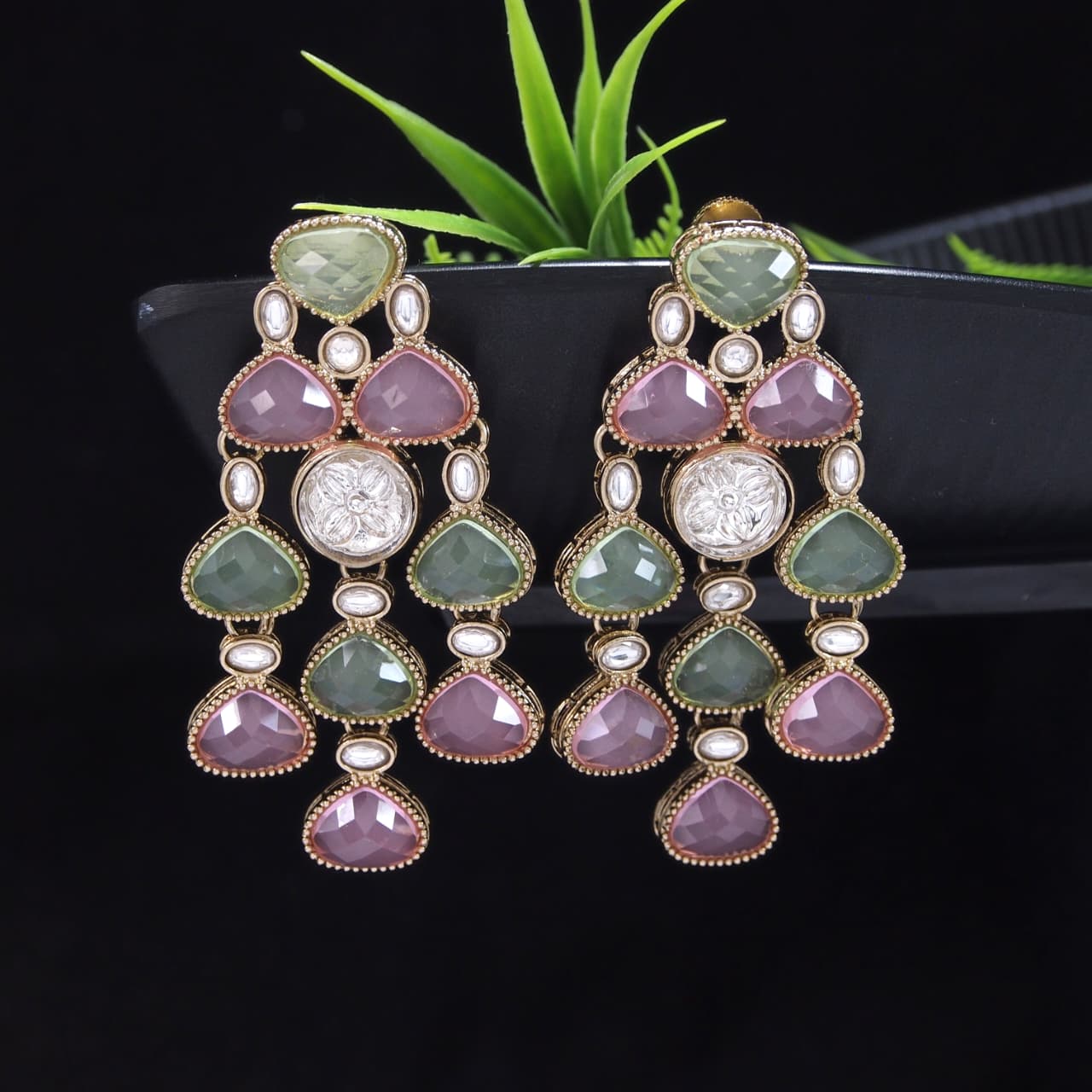 Ethnic Multi Stone & Kundan Style Statement Earrings