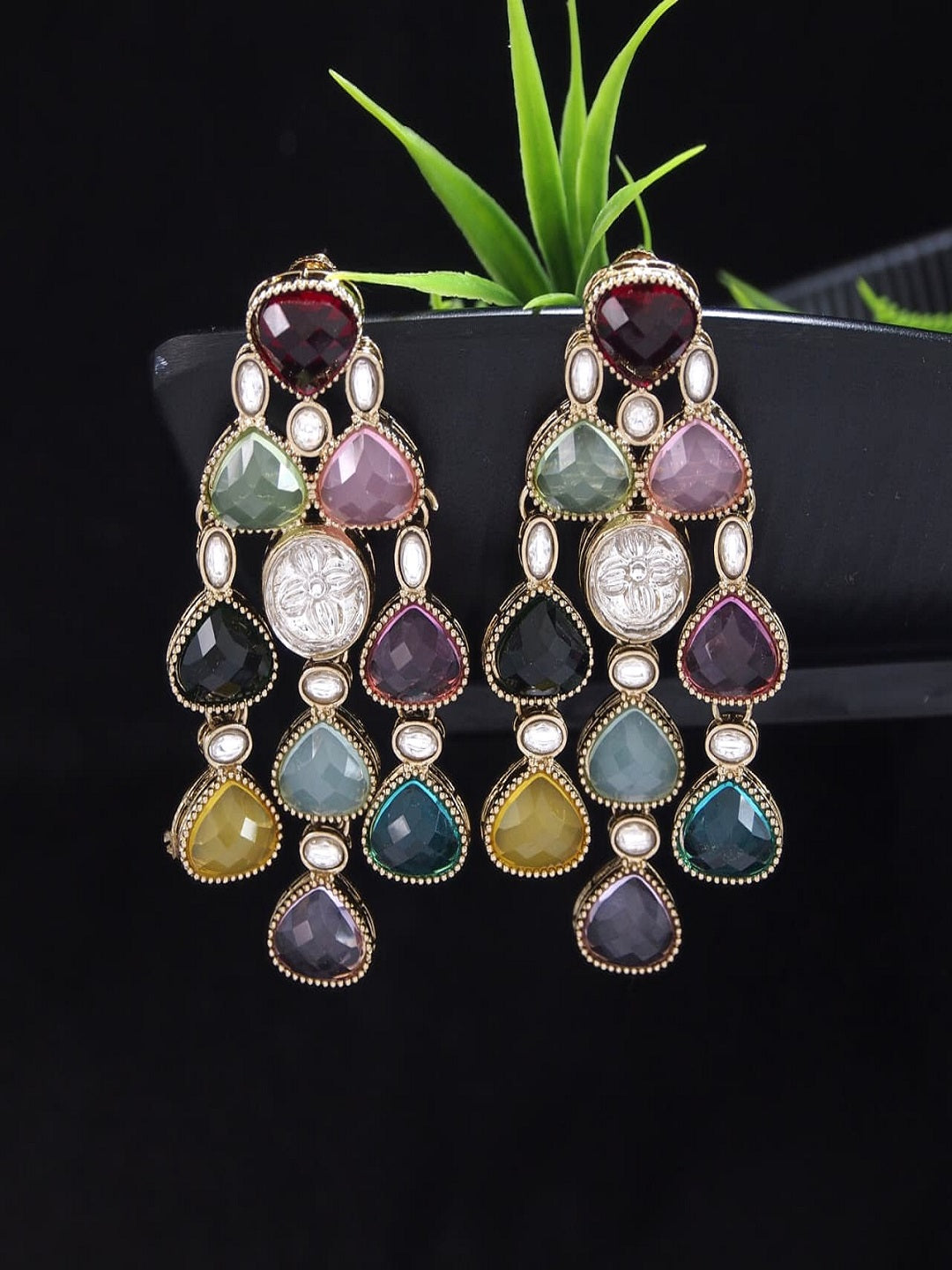 Ethnic Multi Stone & Kundan Style Statement Earrings
